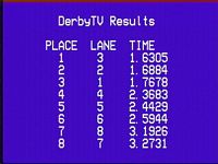DerbyTV results screen for pinewood derby race